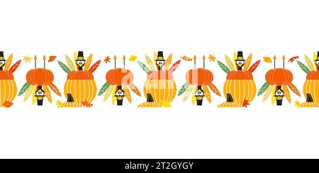 Thanksgiving Day automne vacances fantaisie sans couture vecteur de bordure plate modèle. Joli motif dinde à motif de citrouille. Récolte d'automne tirée à la main Illustration de Vecteur