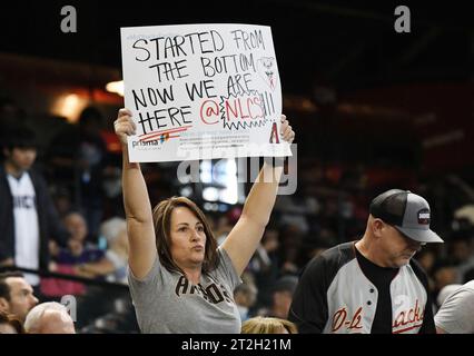 Phoenix, États-Unis. 19 octobre 2023. Un fan des Diamondbacks de l’Arizona tient une affiche avant le début du troisième match des NLCS contre les Phillies de Philadelphie au Chase Field à Phoenix le jeudi 19 octobre 2023. Photo de Rick d'Elia/UPI. Crédit : UPI/Alamy Live News Banque D'Images