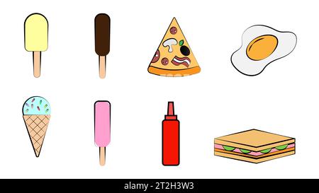 Ensemble de huit icônes d'éléments de nourriture délicieuse et des collations pour un café-bar restaurant sur un fond blanc : crème glacée, pizza, œuf, ketchup, sandwich. Illustration de Vecteur