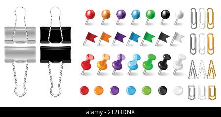 Trombones de bureau épingles et pinces réaliste ensemble isolé à l'illustration vectorielle de fond blanc Illustration de Vecteur