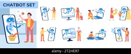Les personnes utilisant chatbot service à la clientèle ensemble plat de composition isolé sur fond blanc illustration vectorielle Illustration de Vecteur
