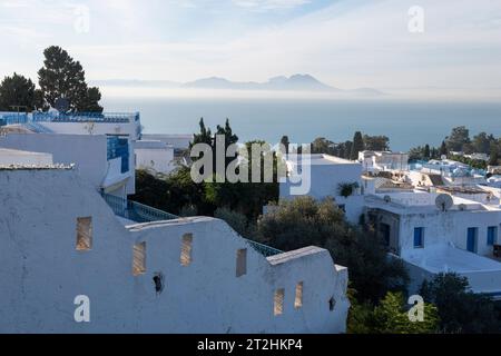 Sidi Bou Said, Tunisie, Afrique. Une charmante ville surplombant la Méditerranée. Banque D'Images