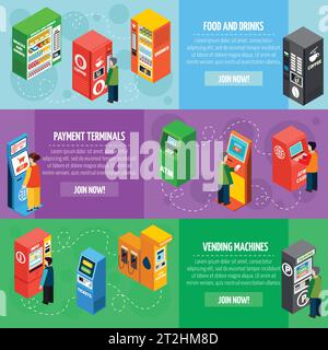 Distributeurs automatiques de nourriture et de boissons bannières isométriques ensemble avec paiement et billets vendant des machines illustration vectorielle isolée Illustration de Vecteur