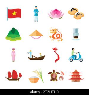 Vietnam Icons Set. Illustration du vecteur de voyage au Vietnam. Symboles plats du tourisme du Vietnam. Ensemble de design vietnamien. Ensemble isolé Vietnam. Illustration de Vecteur