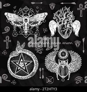 Tableau noir tatouage ensemble papillon brûlant coeur serpent entouré d'étoile et de scarabée avec ailes isolé illustration vectorielle Illustration de Vecteur