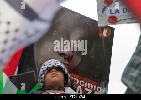 Santiago, région métropolitaine, Chili. 19 octobre 2023. Des membres de la communauté palestinienne manifestent devant l'ambassade d'Israël, contre ses actions militaires sur Gaza. Santiago, Chili. 19 octobre 2023. (Image de crédit : © Joshua Arguello/ZUMA Press Wire) USAGE ÉDITORIAL SEULEMENT! Non destiné à UN USAGE commercial ! Banque D'Images
