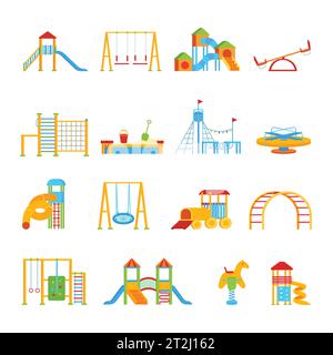 Seize éléments d'équipement de terrain de jeu isolés pour enfants avec des icônes de dessins animés plats de carrousel de mer et d'illustration de vecteur de creux glissants Illustration de Vecteur
