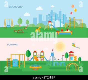 Deux banderoles horizontales pour le terrain de jeu avec des images plates de style dessin animé d'arbres d'équipement de parc de jeu et illustration vectorielle de paysage Illustration de Vecteur