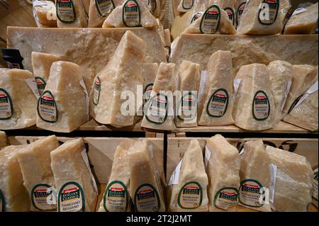 New York, États-Unis. 19 octobre 2023. Le fromage parmigiano reggiano de marque Wegmans est exposé à l'intérieur de la chaîne de supermarchés Wegmans basée à Rochester qui a ouvert son premier magasin à Astor place dans le quartier East Village de Manhattan, New York, NY, le 19 octobre 2023. Le magasin est situé dans le bâtiment historique de Wanamaker et fait 87 500 pieds carrés, l'une des plus grandes épiceries de New York. (Photo Anthony Behar/Sipa USA) crédit : SIPA USA/Alamy Live News Banque D'Images