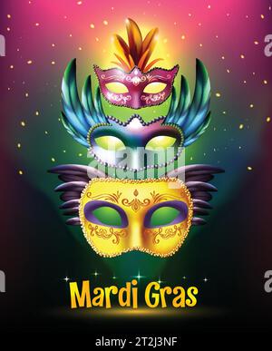 Affiche d'arrière-plan mascarade avec un ensemble réaliste de masques de carnaval brillants avec ailes fond stellaire et illustration vectorielle de titre Illustration de Vecteur