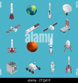 Jeu d'icônes d'espace de fusée 3d isolées et colorées avec éléments cosmiques et outils techniques pour le travail dans l'illustration de vecteur spatial Illustration de Vecteur