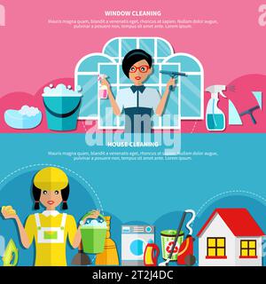 Ensemble de deux bannières horizontales avec icônes de nettoyage srubwomen dessins animés de style de doodle caractères et texte modifiable illustration vectorielle Illustration de Vecteur