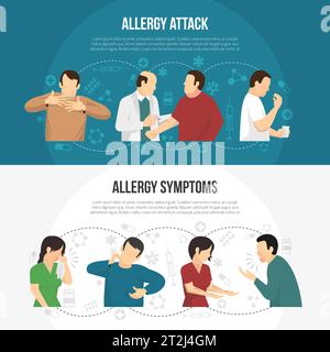 Deux bannières horizontales colorées pour les allergies avec une attaque d'allergie et des descriptions de symptômes d'allergie illustration vectorielle Illustration de Vecteur