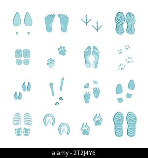 Empreintes de couleurs bleu glacé sur fond blanc avec des empreintes de diverses chaussures et des dessins vectoriels de pattes Illustration de Vecteur