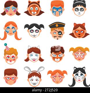 Jeu d'icônes peinture de face pour enfants. Illustration du vecteur de faces peintes. Greasepaint pour les symboles plats pour enfants. Set de maquillage pour enfants. Faces peintes Illustration de Vecteur