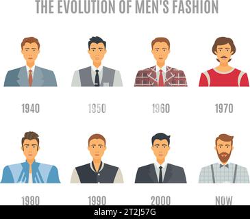 Ensemble d'icônes de mode pour hommes. Illustration du vecteur d'avatar de l'évolution de la mode. Ensemble de décorations pour l'évolution de la mode de l'homme. Ensemble de design tendance. Mode Evol Illustration de Vecteur