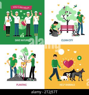 Volontaires 2x2 design concept ensemble d'aider les animaux plantant ville propre et sauver la nature action compositions illustration de vecteur plat Illustration de Vecteur