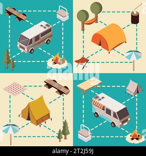 Compositions isométriques de camp avec des véhicules de lignes et de l'équipement touristique éléments forestiers et illustration de vecteurs isolés de feu de camp Illustration de Vecteur
