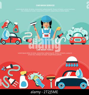 Deux bannières horizontales avec le personnage de lavage de voiture dessins de dessin animé de l'équipement et des agents de nettoyage illustration vectorielle Illustration de Vecteur