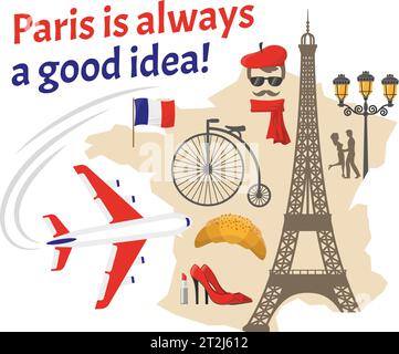 Paris icônes décoratives plates ensemble avec drapeau français carte rue acteur tour eiffel rouge chaussures illustration vectorielle Illustration de Vecteur