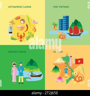 Cuisine nationale vietnamienne culture et tourisme pour les voyageurs 4 icônes plates affiche carrée abstrait illustration vectorielle isolée Illustration de Vecteur