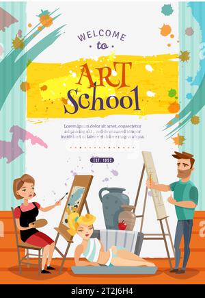 Cours d'école d'art sur la peinture et la conception graphique création de dessin animé poster d'invitation avec modèle en direct illustration vectorielle Illustration de Vecteur