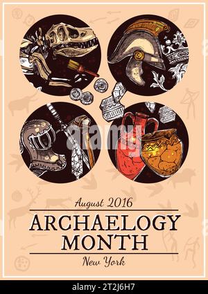 Affiche archéologique dessinée à la main avec armure droite et squelette de l'ancienne illustration vectorielle d'images d'animaux Illustration de Vecteur