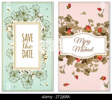 Deux variantes de cartes d'invitation de mariage imprimables dans des couleurs pastel avec fleurs sèches illustration vectorielle de décoration vintage Illustration de Vecteur