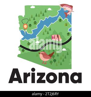 Forme de carte de l'Arizona avec l'animal naturel de forêt verte et le safari d'icône dessin d'illustration des États de l'Amérique Illustration de Vecteur