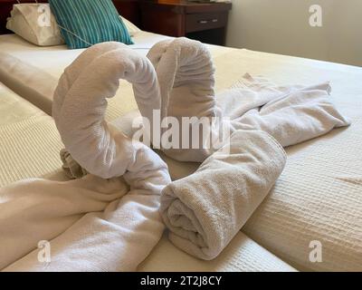 Décoration intérieure de la chambre avec cygnes de la décoration de serviette sur le lit. Banque D'Images