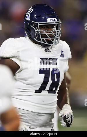 19 octobre 2023 : Ethan Onianwa #78 Rice offensive lineman arrive sur le terrain. Rice a battu Tulsa 42-10 à Tulsa, OK. Richey Miller/CSM Banque D'Images