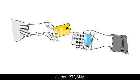 Paiement sans contact. Mains avec carte et terminal. Illustration de Vecteur