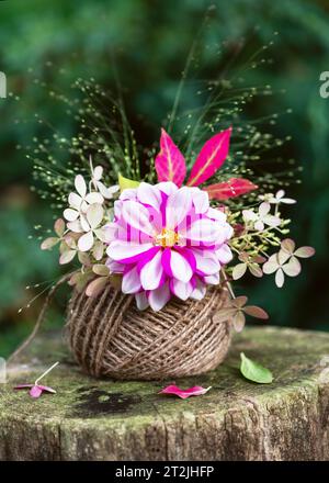 Arrangement floral avec du dahlia rose et blanc, des fleurs d'hortensia, de l'herbe et des leavers d'automne dans une écheveau de ficelle de jute. Concept floristique ou jardinage. Banque D'Images