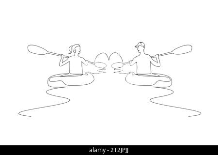 jeune couple en amour canoë kayak bateau activité amour coeur icône simple design d'art de ligne Illustration de Vecteur