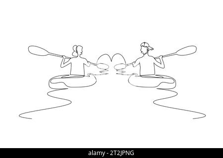 jeune couple en amour canoë kayak bateau activité amour coeur icône simple design d'art de ligne Illustration de Vecteur