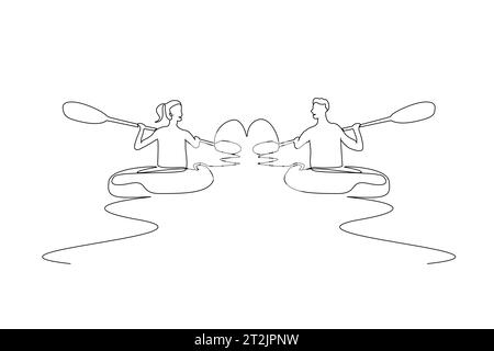 jeune couple en amour canoë kayak bateau activité amour coeur icône simple design d'art de ligne Illustration de Vecteur