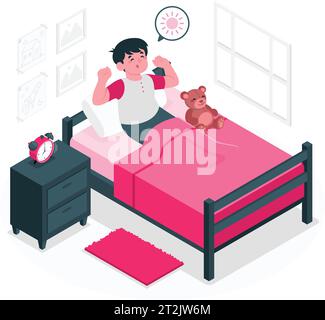 Enfant heureux se réveillant. Jolie fille s'étirant sur le lit le matin. Souriant petit enfant se réveillant de bonne humeur après un sommeil sain dans la chambre à coucher de la maison. Vecteur. Illustration de Vecteur