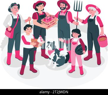 Homme et femme et enfants villageois fermier en salopettes. Ouvrier agricole. Personne joyeuse. Pose debout. Dessin animé style comique Illustration. Illustration de Vecteur