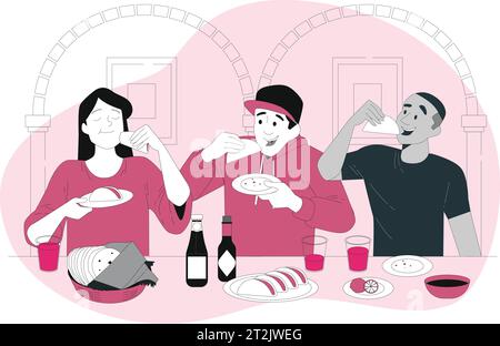 Illustration vectorielle de dessin animé isolée de camion tacos. Heureux membres de la famille mangeant de la nourriture de rue à la table près du camion tacos, les gens s'amusent ensemble. Illustration de Vecteur