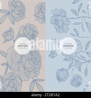 Pivoines vectorielles, roses, motifs floraux, arrière-plans de paquet de nature. Line minimaliste laisse des cadres, des bannières de beauté. Utilisez pour les publications sur les réseaux sociaux, la carte Illustration de Vecteur