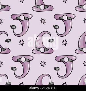 Motif sans couture mignon dessiné à la main avec chapeau de sorcière de dessin animé et araignée dans la conception doodle Illustration de Vecteur