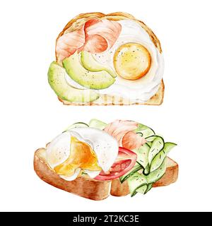 Ensemble d'illustrations à l'aquarelle avec du pain croustillant, des œufs, des concombres frais, des tomates et du saumon sur un fond blanc isolé pour le menu du petit déjeuner, cookb Banque D'Images