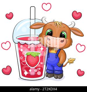 Mignon taureau brun de dessin animé avec une grande boisson à la fraise. Illustration vectorielle d'un animal et une tasse d'eau rouge sur un fond blanc avec des coeurs rouges. Illustration de Vecteur