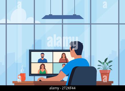 Travailleur utilisant l'ordinateur pour réunion virtuelle collective, vidéoconférence de groupe. Homme bavardant en ligne. Lieu de travail avec intérieur moderne, fenêtres panoramiques, Illustration de Vecteur