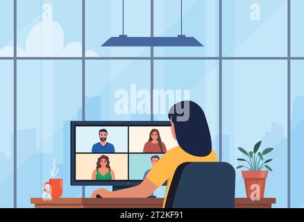 Travailleur utilisant l'ordinateur pour réunion virtuelle collective, vidéoconférence de groupe. Femme bavardant en ligne. Lieu de travail avec intérieur moderne, fenêtres panoramiques Illustration de Vecteur