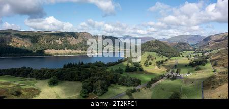 vue panoramique aérienne de l'extrémité nord du thirlmere dans la région des lacs avec corbeau à gauche du centre grand comment à droite du centre hauts félins sur le ri Banque D'Images