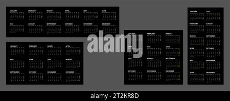 Collection de modèles de mise en page de calendrier noir vectoriel pour l'année 2024 (les semaines commencent le lundi). Quatre versions de mise en page du modèle sombre avec tous les calend Illustration de Vecteur