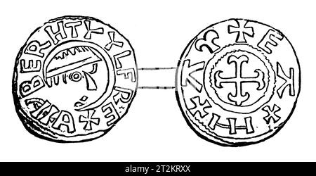 Dessin d'une penny en argent du règne du roi Beorhtwulf de Mercie ; 9e siècle. Dessin d'une penny en argent d'Eawald, roi d'East Angli, 8e siècle. Illustration en noir et blanc de la 'Vieille Angleterre' publiée par James Sangster en 1860. Banque D'Images