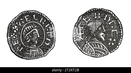 Dessin d'une penny en argent du règne du roi Alfred d'Angleterre. Illustration en noir et blanc de la 'Vieille Angleterre' publiée par James Sangster en 1860. Banque D'Images