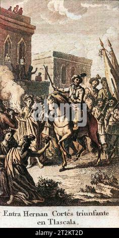 Conquistador Hernan Cortes (Cortez) (1485-1547) arrivant à Tlaxacala après sa victoire à la bataille d'Otumba en juillet 1520' les habitants et les Européens discutent à l'amiable. Banque D'Images